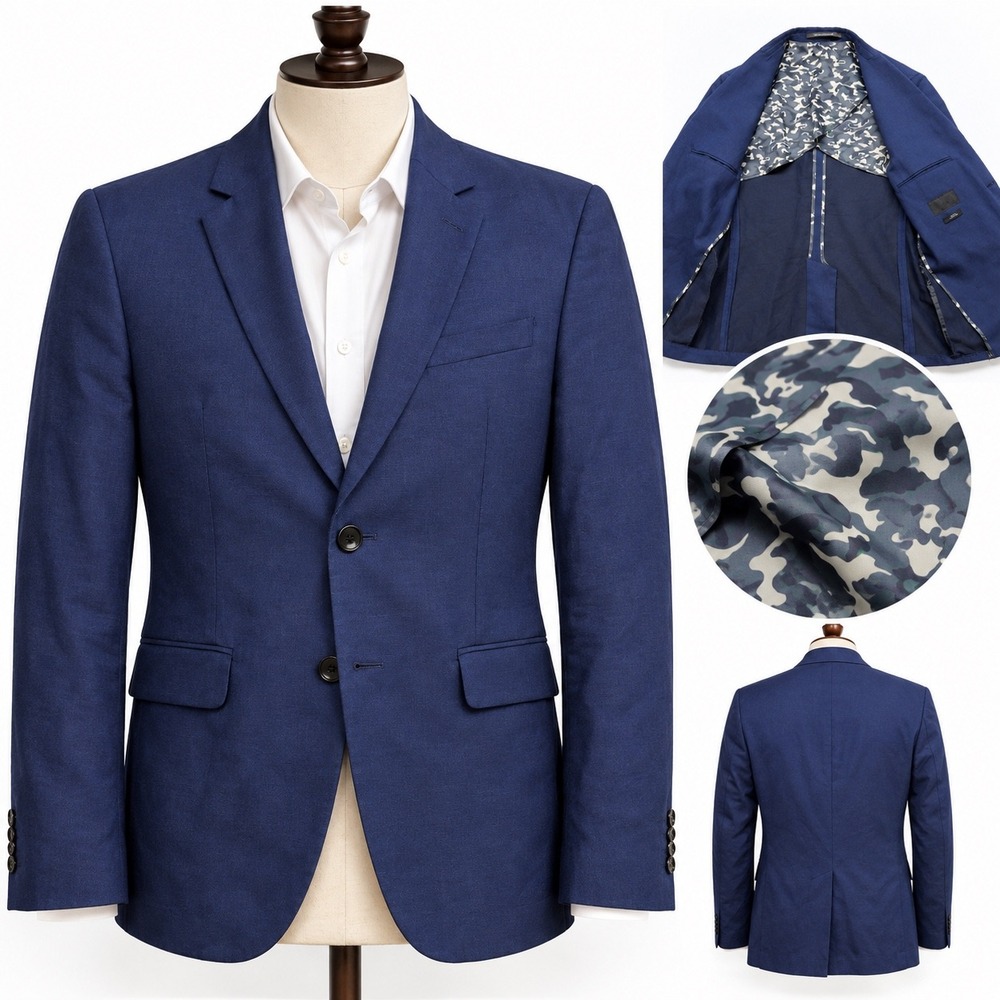 H&M Blazer Linen Cotton Blend 36R Navy Blue Mens Slim Fit Camo Lining Sport Coat